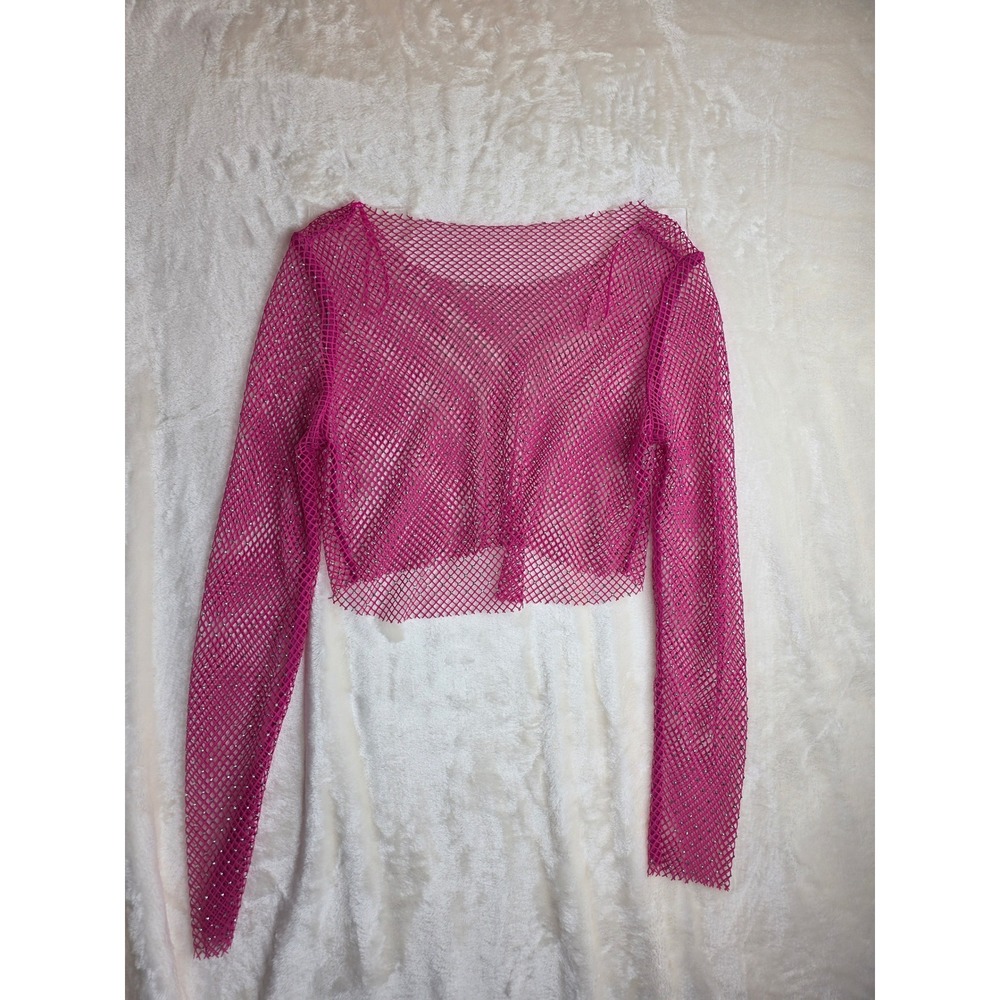 Hot Pink Rhinestone‎ stretch Fishnet Long Sleeve Crop Top Festival Clubwear
